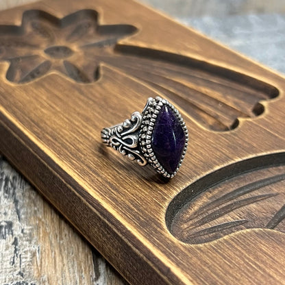 Carolyn Pollack Relios Southwestern Marquise Ornate Sterling Silver Charoite Ring Size Q
