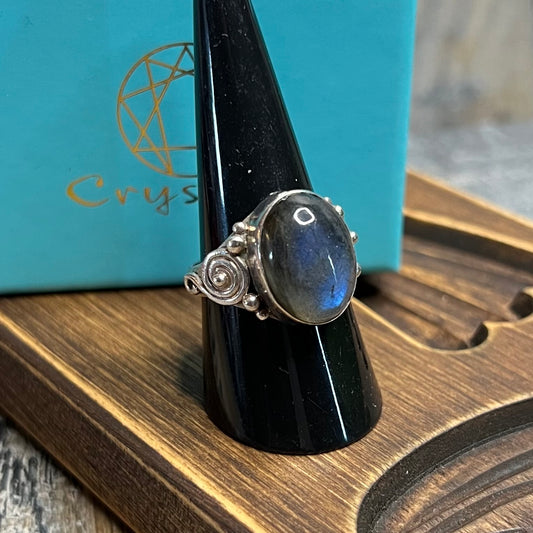 Dreamy Sterling Silver Crystal Shop Labradorite Spiral Ornate Ring Size P 1/2