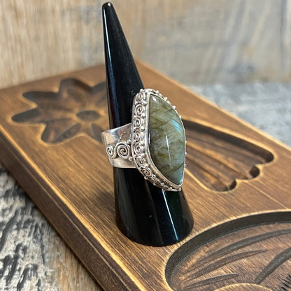 Dreamy Sterling Silver Sajen Ornate Labradorite Ring Size L 1/2 Adjustable