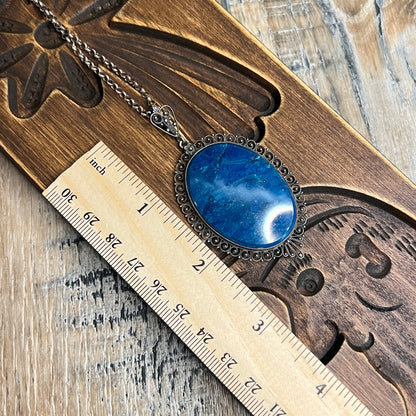 Antique Large Cannetille Filigree Silver Lapis Lazuli Cabochon Pendant Necklace