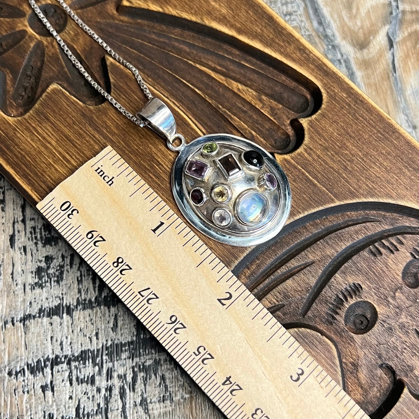 Modernist Sputnik Style Sterling Silver Chunky Multi Gemstone Pendant Necklace