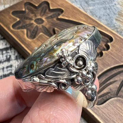 Dreamy Large Artisan Sterling Silver Abalone Shell Floral Ornate Ring size R 1/2