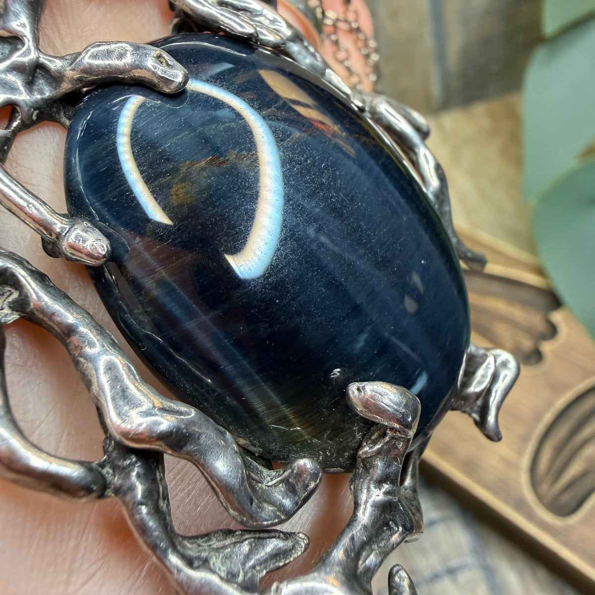 Magical Molten Sterling Silver Blue Tigers Eye Sculptural Pendant Necklace