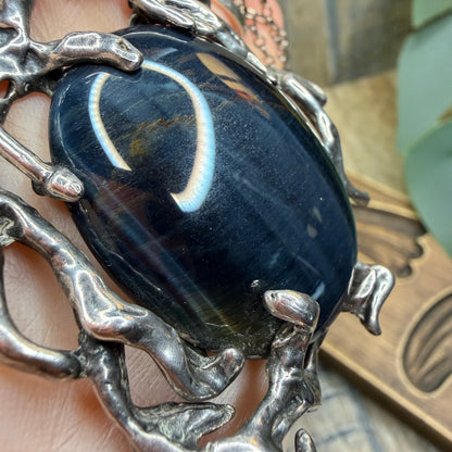 Magical Molten Sterling Silver Blue Tigers Eye Sculptural Pendant Necklace