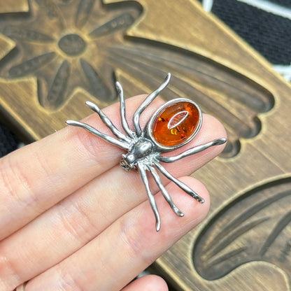 Spooky Sterling Silver Amber Spider Brooch