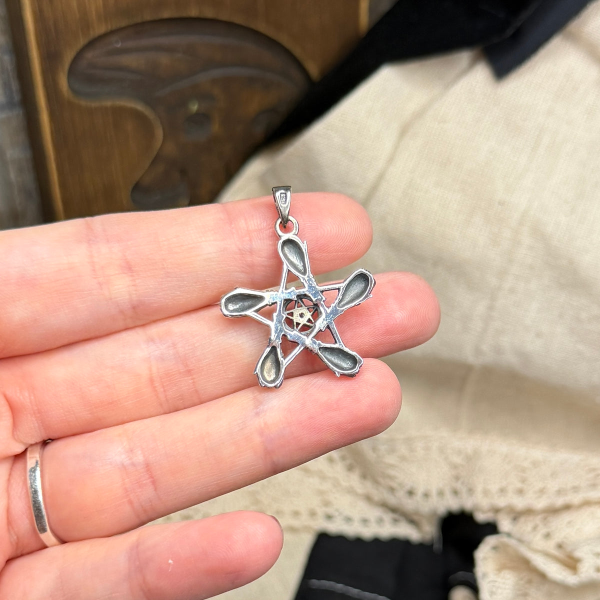 Spooky Sterling Silver Amethyst Witches Broom Pentagram Pendant
