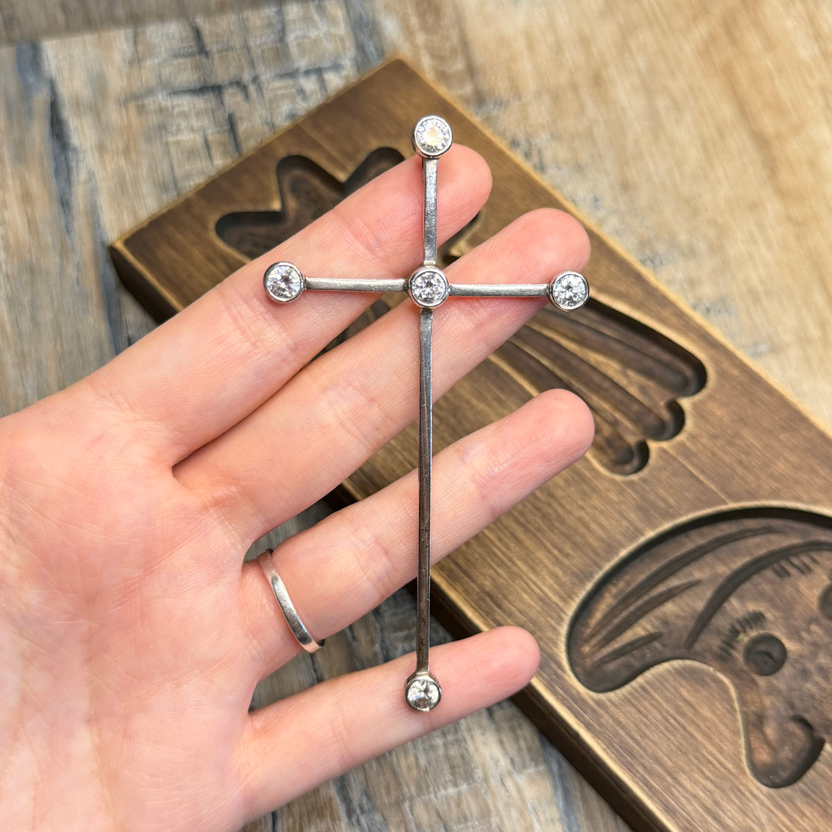 Whimsy Sterling Silver Huge Clear Stone Designer Cross Pendant