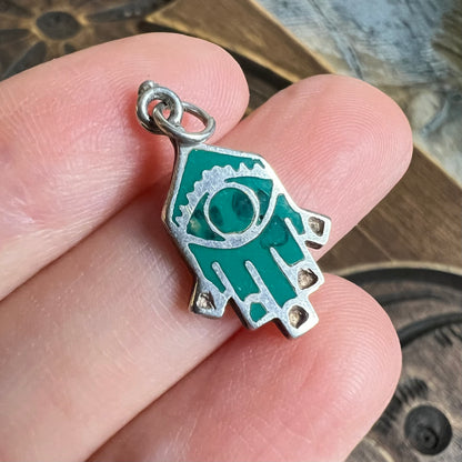 Dreamy Sterling Silver Hamsa Hand Amulet Inlaid All Seeing Eye Charm Pendant
