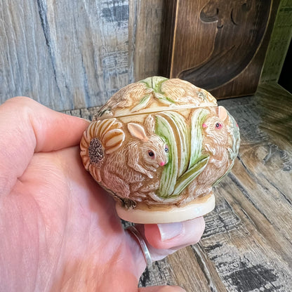 Vintage TAI Whimsy Hare Rabbit Floral Resin Ornate Miniature Trinket Box Curio