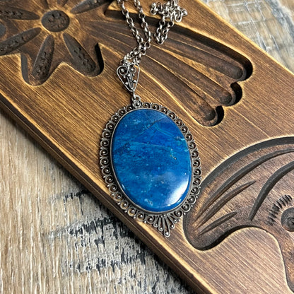 Antique Large Cannetille Filigree Silver Lapis Lazuli Cabochon Pendant Necklace