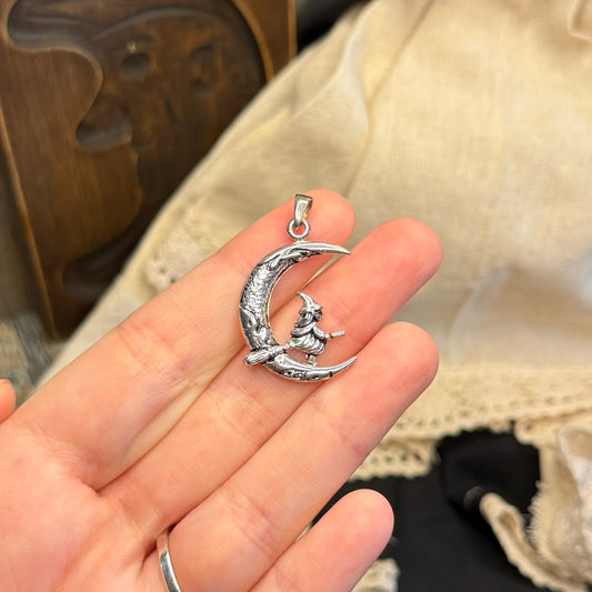 Spooky Sterling Silver Witch Flying Over The Moon Pendant