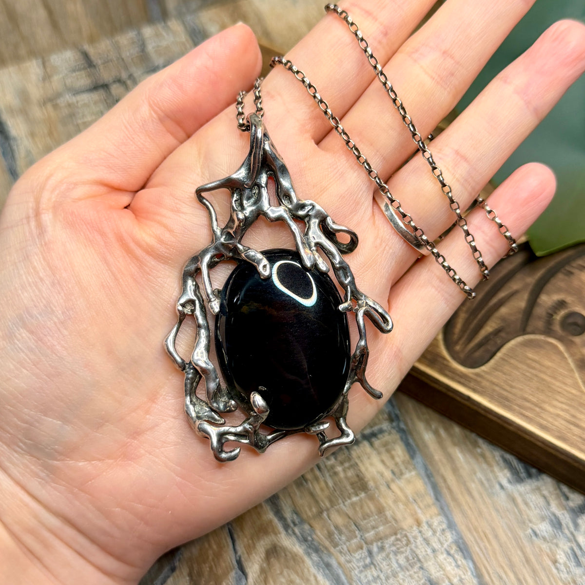 Magical Molten Sterling Silver Blue Tigers Eye Sculptural Pendant Necklace