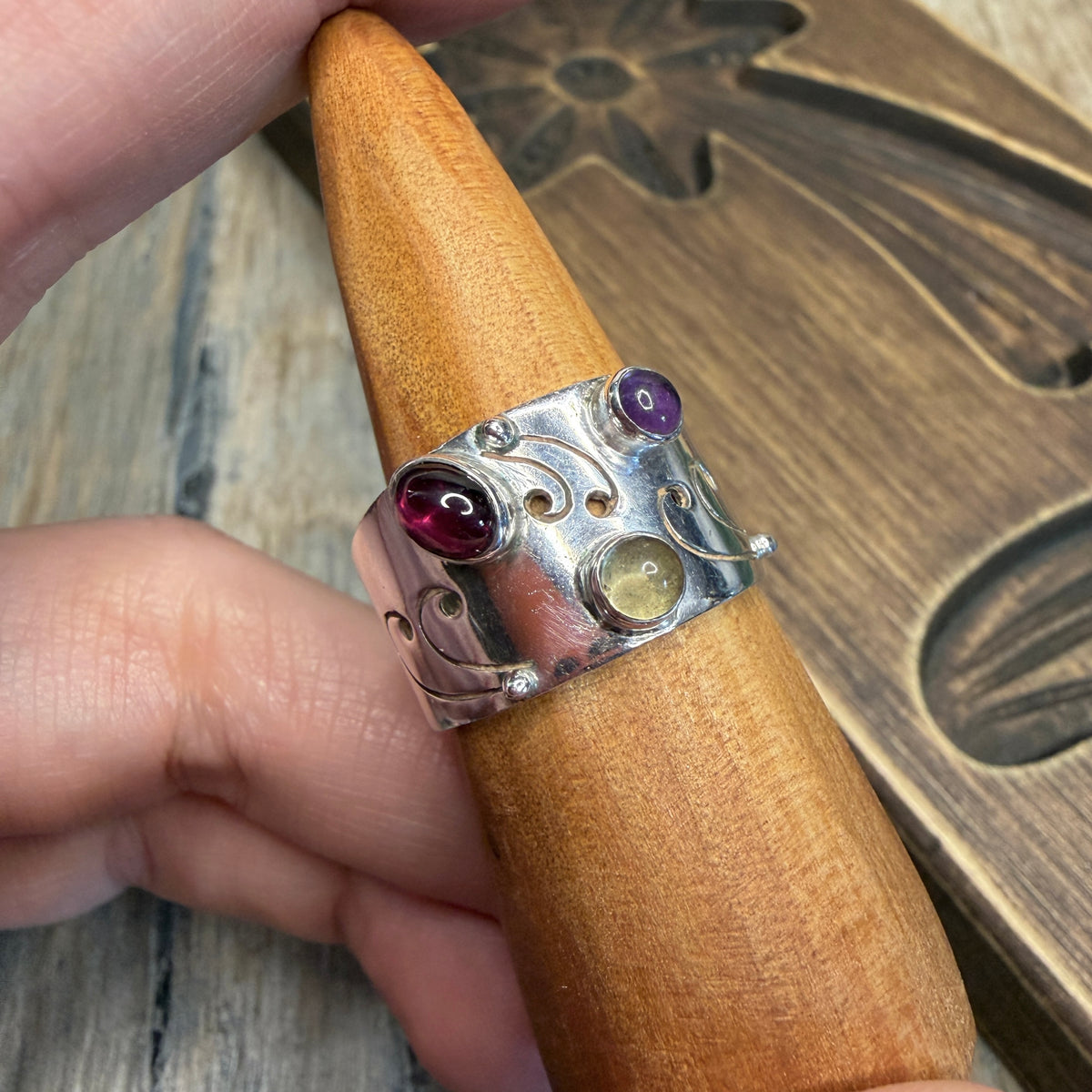 Unusual Sterling Silver Multi Gemstone Cut Out Ring size P