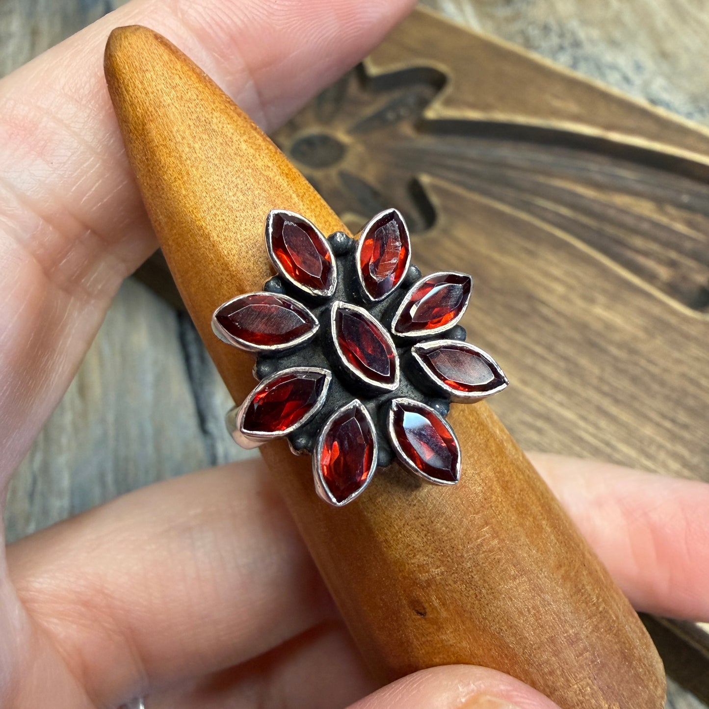Chunky Sterling Silver Gothic Garnet Flower Ring size L