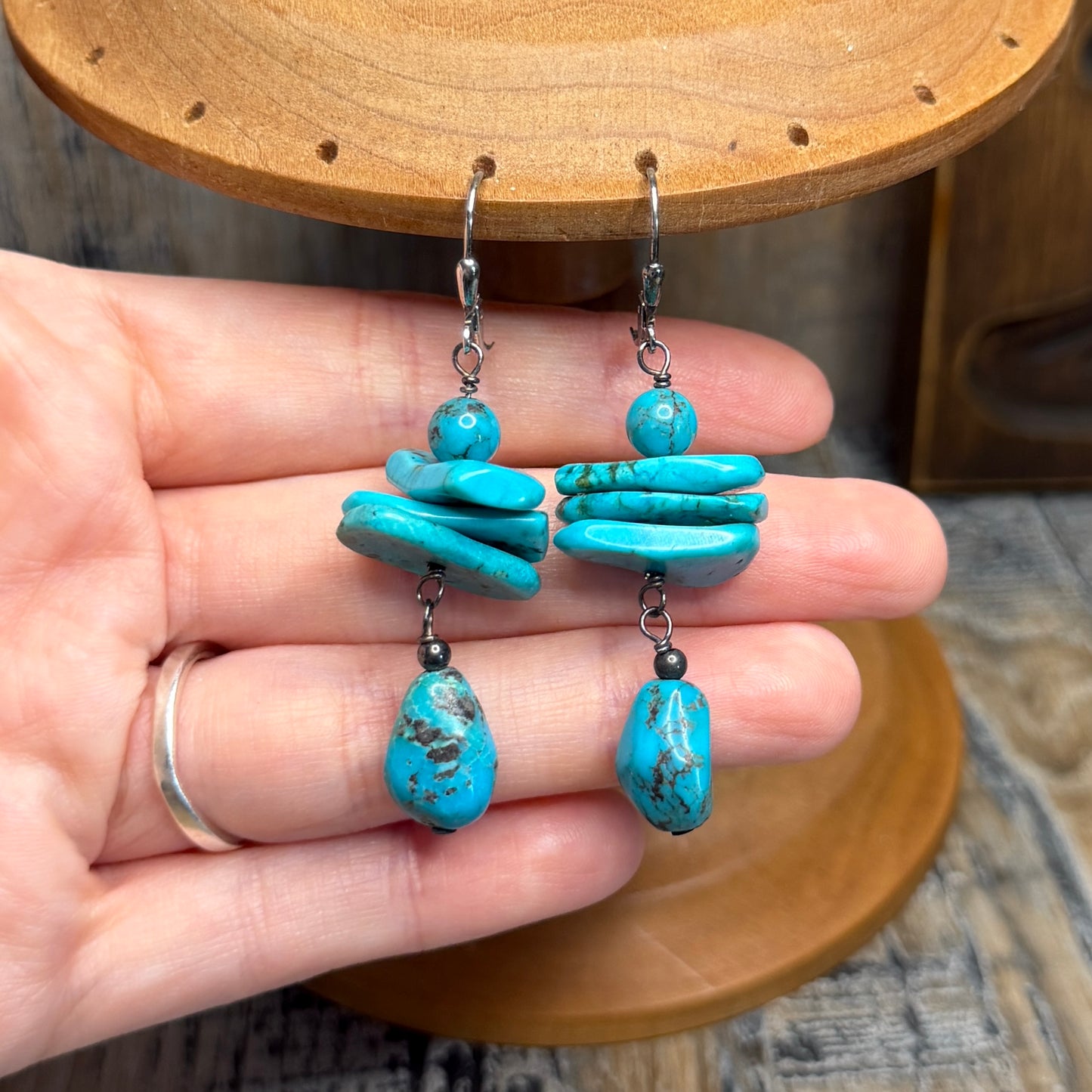 Dreamy Chunky Artisan Turquoise Organic Sterling Silver Drop Earrings
