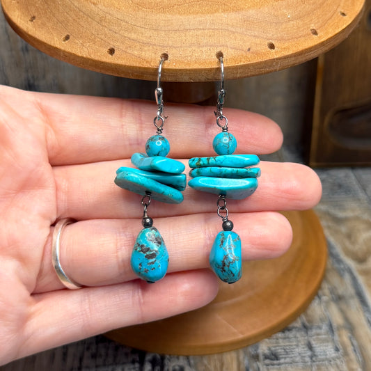 Dreamy Chunky Artisan Turquoise Organic Sterling Silver Drop Earrings