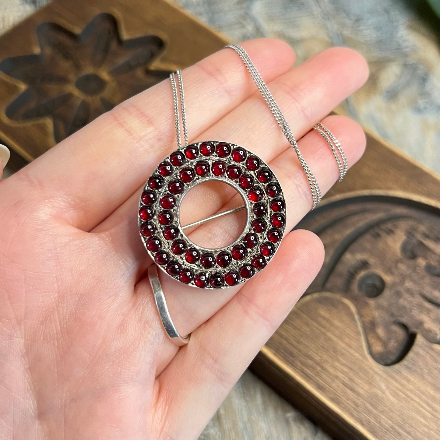 Vintage Sterling Silver Blood Red Garnet Round Cabochon Multi Use Pendant / Brooch Necklace