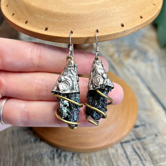 Whimsy Artisan Sterling Silver / Brass Crystal Ore Chunky Earrings