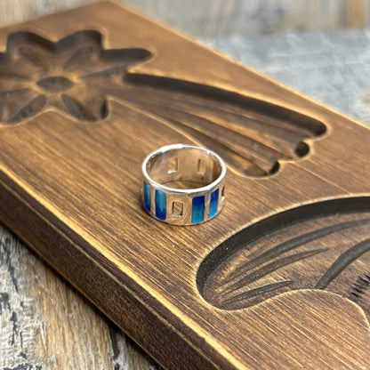 Joidart Sterling Silver Modernist Ombre Blue Enamel Cut Out Band Ring Size K