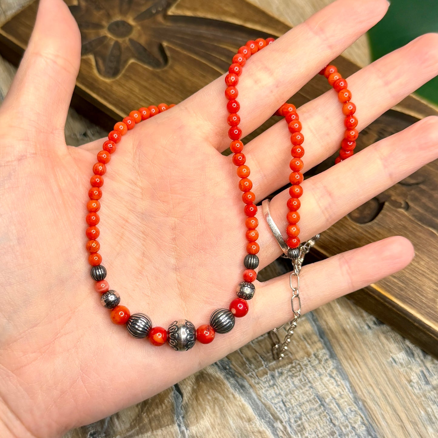 Carolyn Pollack Relios Southwestern Coral & Sterling Silver Pearl Ornate Bead Strand Necklace