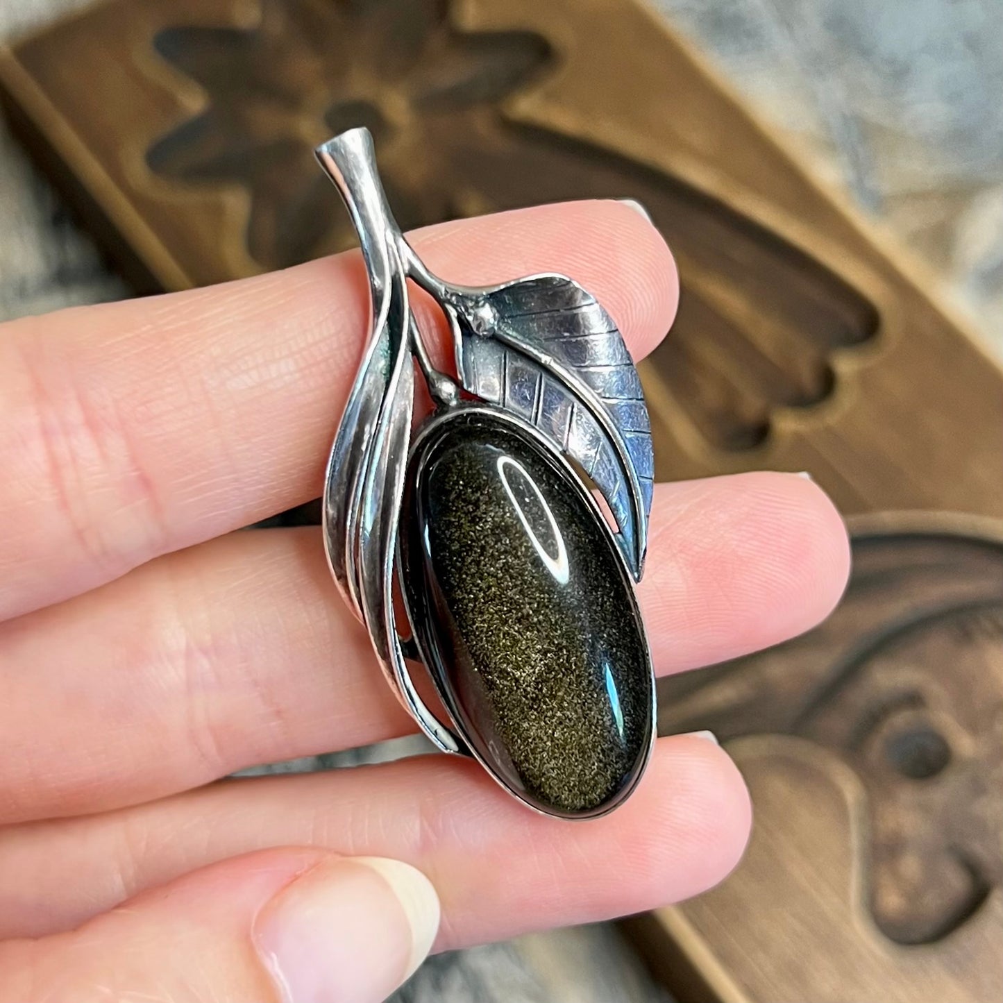 Beautiful Sterling Silver Floral Golden Obsidian Pendant