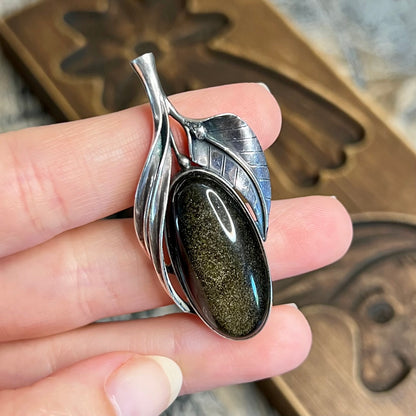 Beautiful Sterling Silver Floral Golden Obsidian Pendant