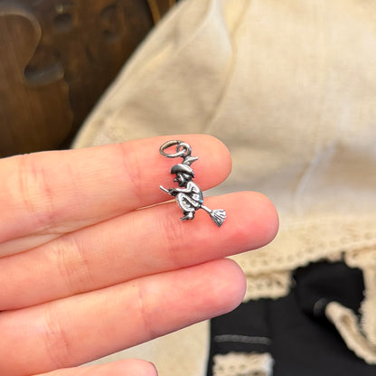 Spooky Sterling Silver Miniature Witch Flying on a Broom Charm / Pendant