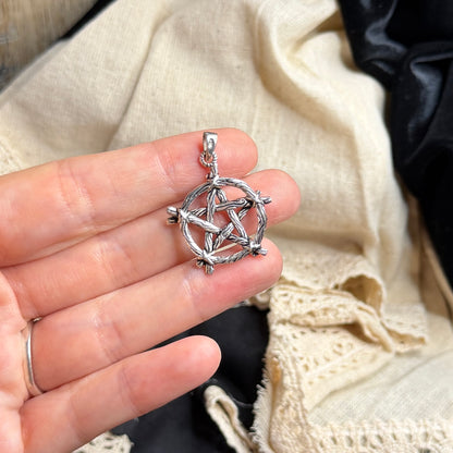Spooky Sterling Silver Witches Broom Pentacle Pendant