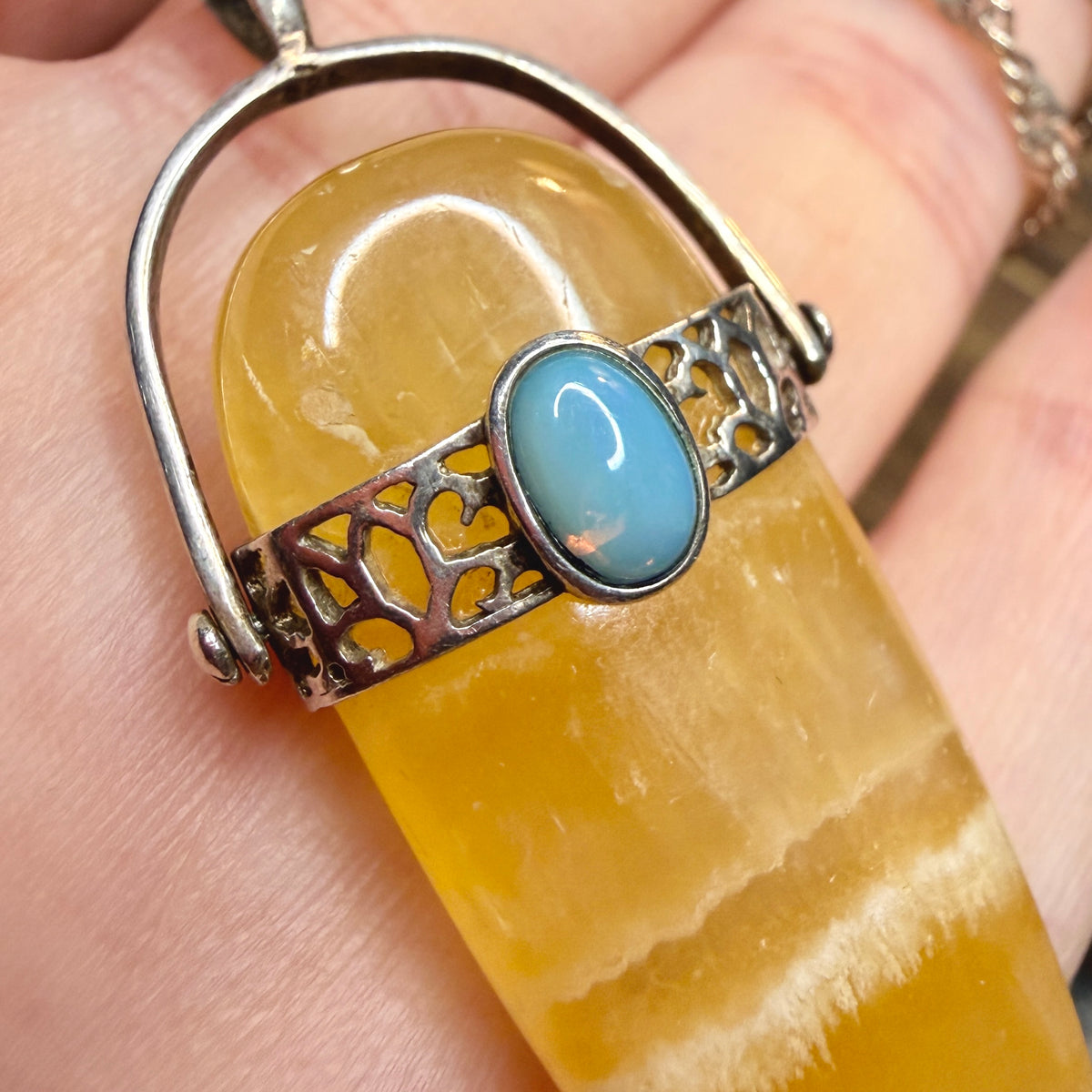 Dreamy Sterling Silver Calcite with Opal Movable Pendant Necklace