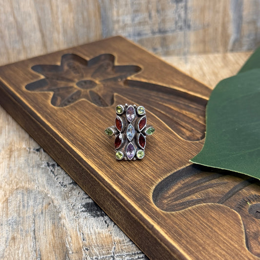 Beautiful Sterling Silver Multi Gemstone Harlequin Ring size N