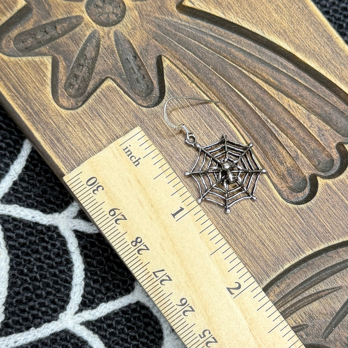 Spooky Oxidised Sterling Silver Cobweb Drop Earrings