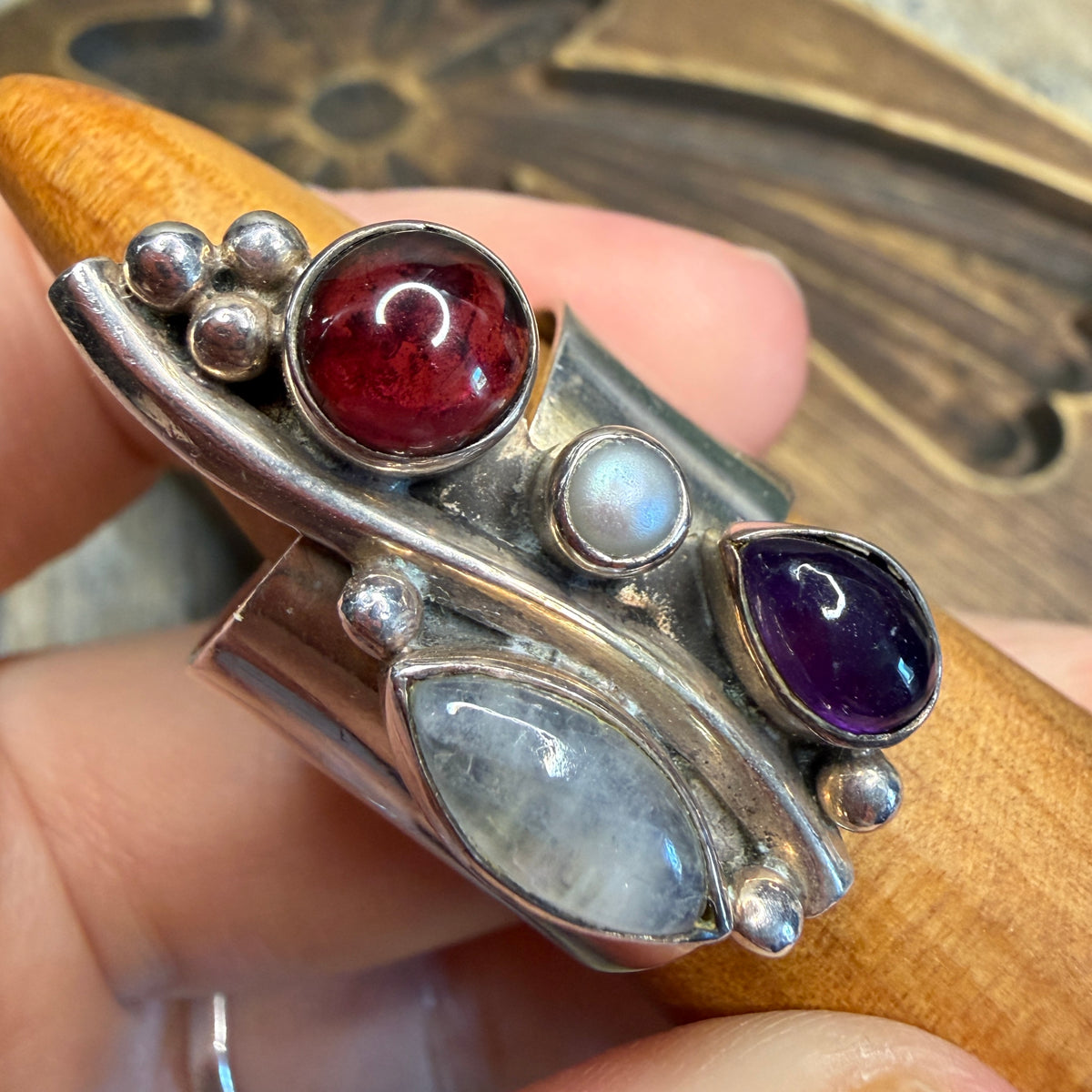 Whimsy Sterling Silver Chunky Multi Gemstone Adjustable Ring size P