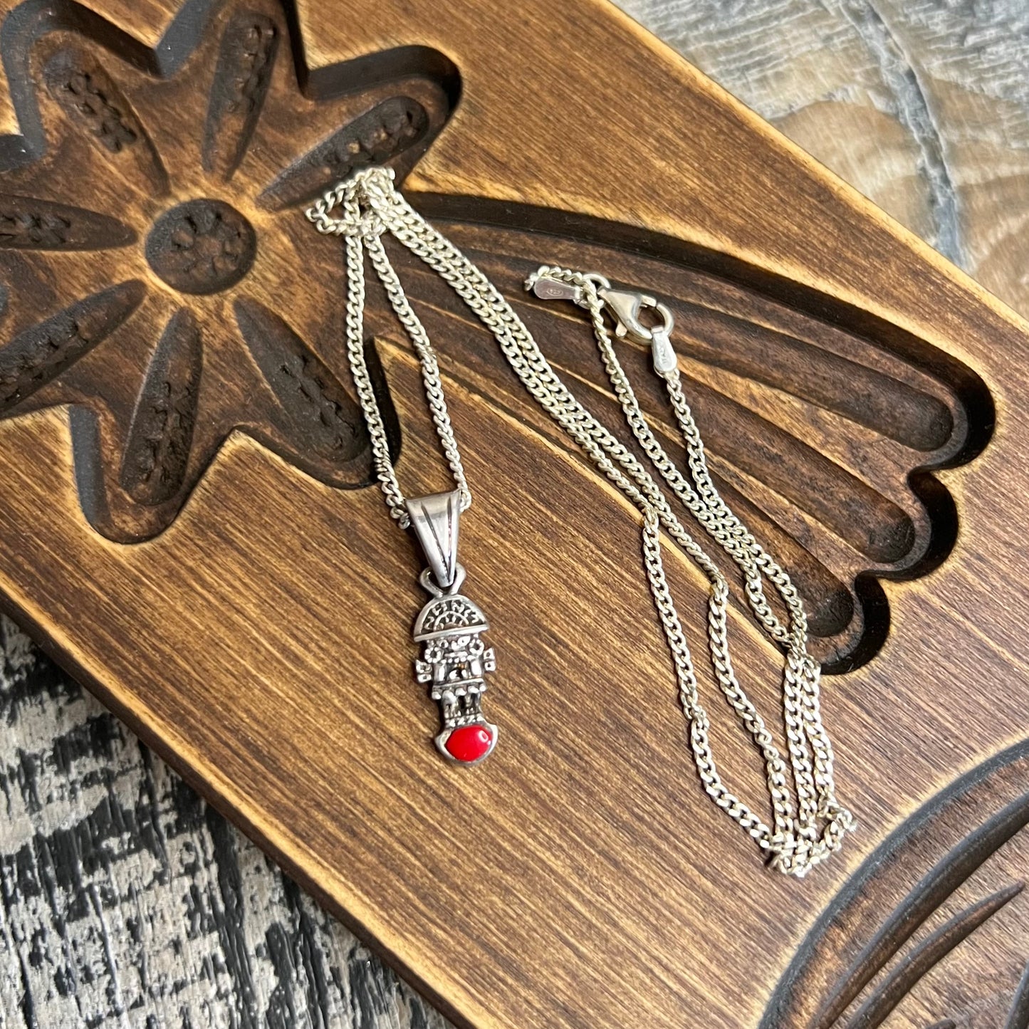 Sterling 950 Silver Peruvian Tumi God Coral Double Sided Pendant Necklace