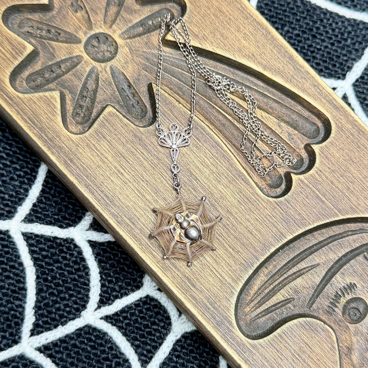 Spooky Vintage Victoriana Sterling Silver Hanging Cobweb Spider Necklace