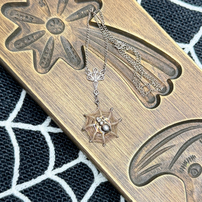 Spooky Vintage Victoriana Sterling Silver Hanging Cobweb Spider Necklace
