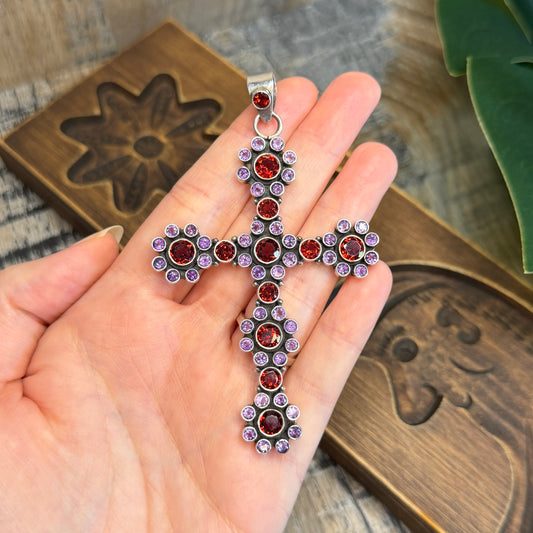 Dreamy Large Sterling Silver Amethyst & Garnet Cross Pendant