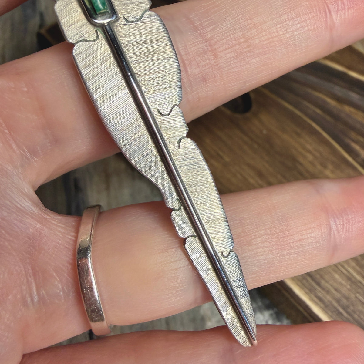 Stunning Large Navajo Michael Kirk Isleta Pueblo Inlaid Green Turquoise Sterling Silver Feather Pendant