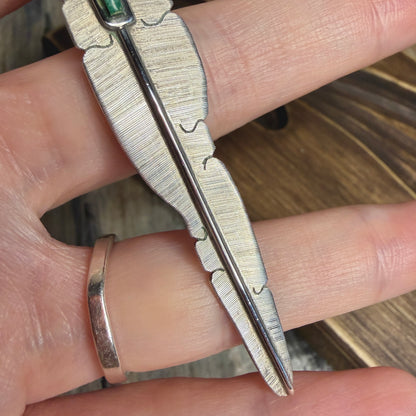 Stunning Large Navajo Michael Kirk Isleta Pueblo Inlaid Green Turquoise Sterling Silver Feather Pendant