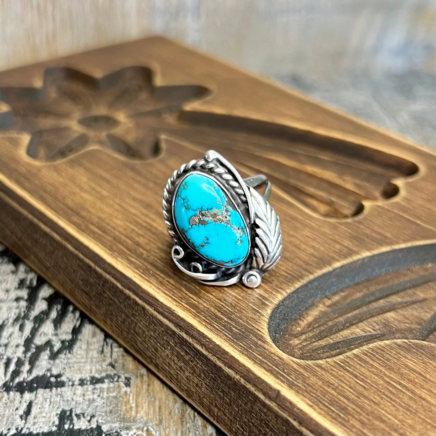 Dreamy Native American Sterling Silver Turquoise Navajo Ring size R