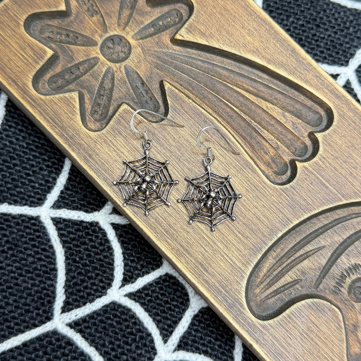 Spooky Oxidised Sterling Silver Cobweb Drop Earrings