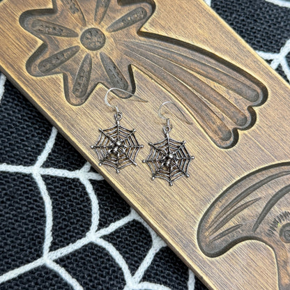 Spooky Oxidised Sterling Silver Cobweb Drop Earrings