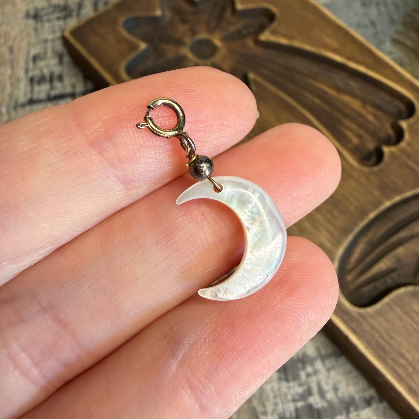 Dreamy Mother of Pearl Sterling Silver Oxidised Moon Charm
