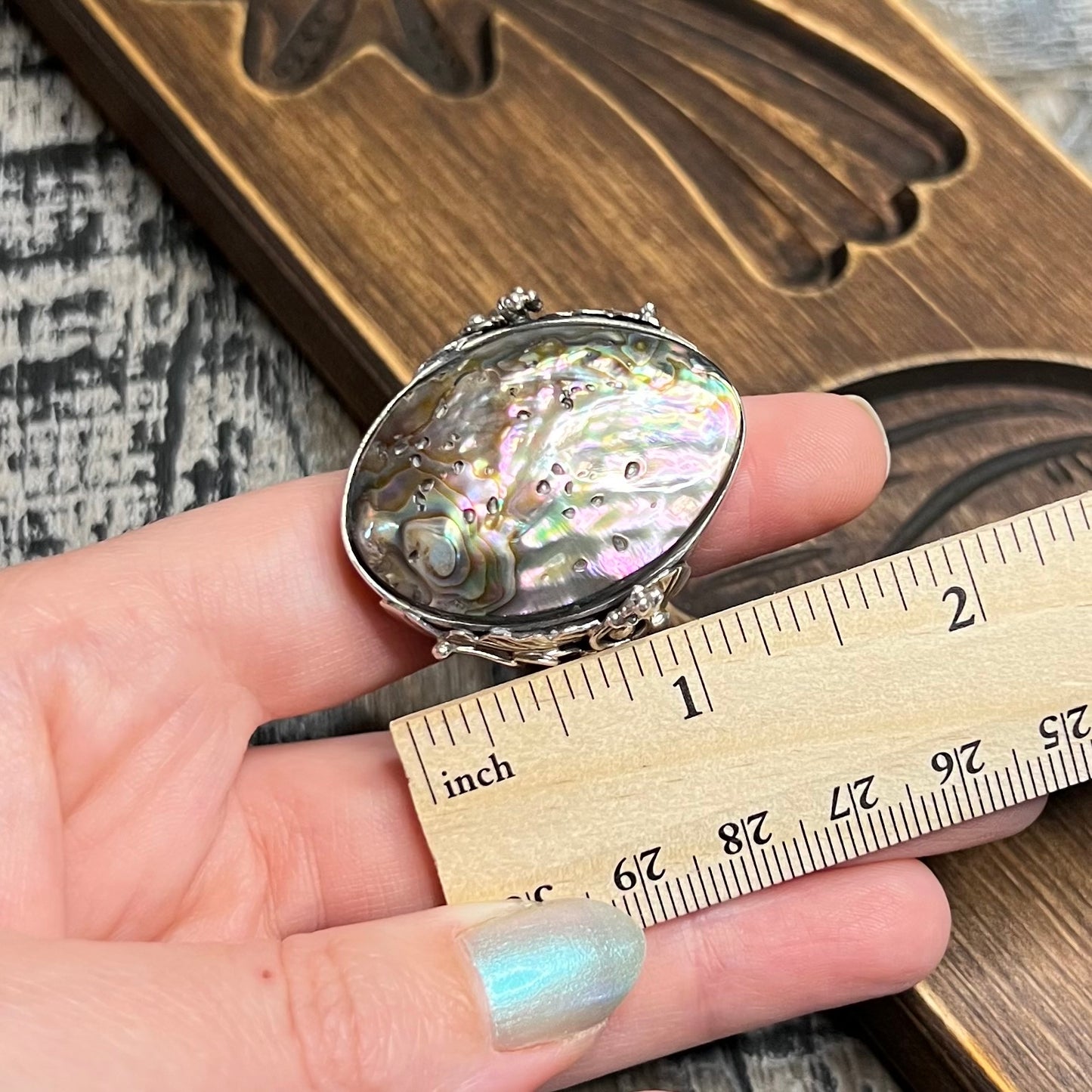 Dreamy Large Artisan Sterling Silver Abalone Shell Floral Ornate Ring size R 1/2