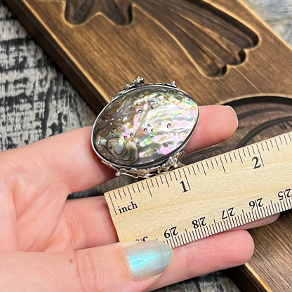 Dreamy Large Artisan Sterling Silver Abalone Shell Floral Ornate Ring size R 1/2