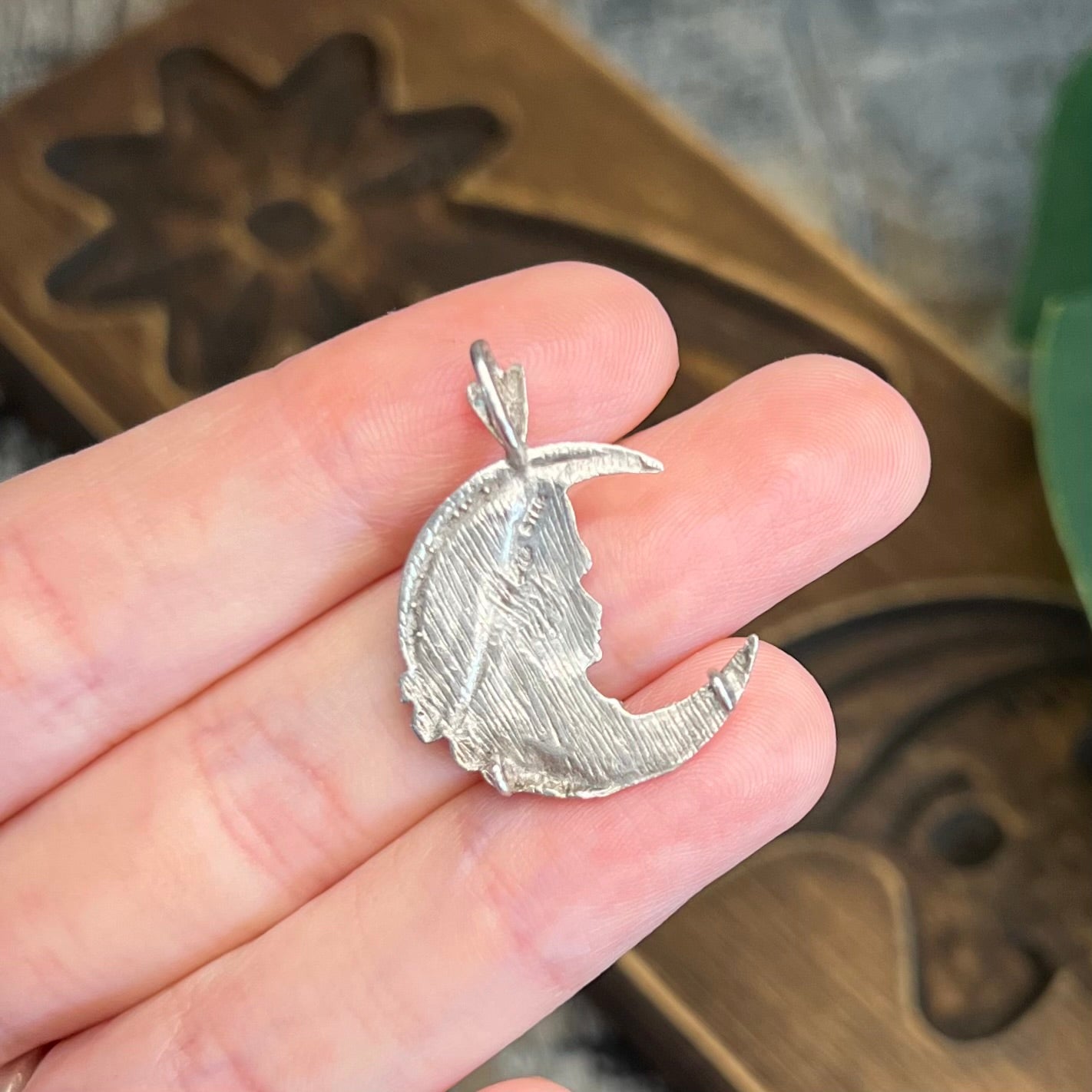 Dreamy Lady In The Moon Art Nouveau Style Sterling Silver Etched Pendant