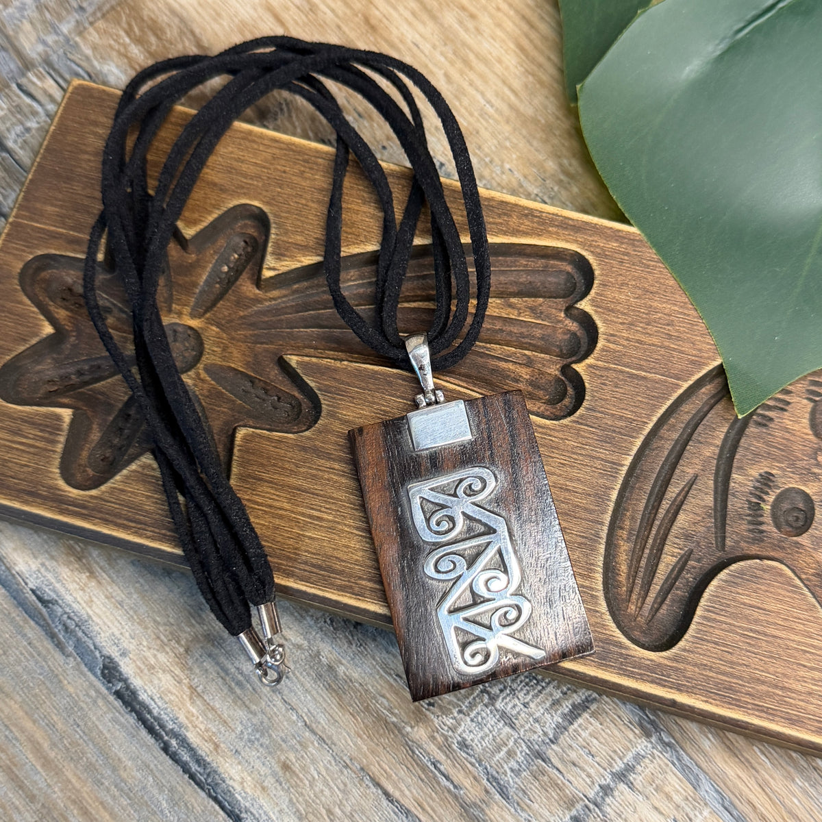 Whimsy Boho Wooden Sterling Silver Statement Pendant Necklace