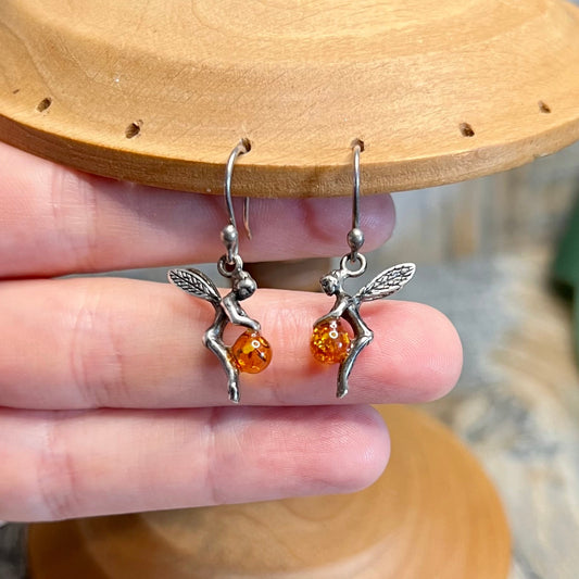 Whimsy Sterling Silver Fairy with Amber Orb Earrings