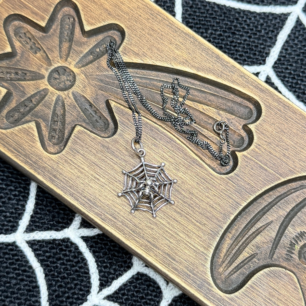 Spooky Oxidised Sterling Silver Cobweb Drop Pendant Necklace