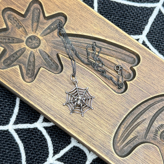 Spooky Oxidised Sterling Silver Cobweb Drop Pendant Necklace