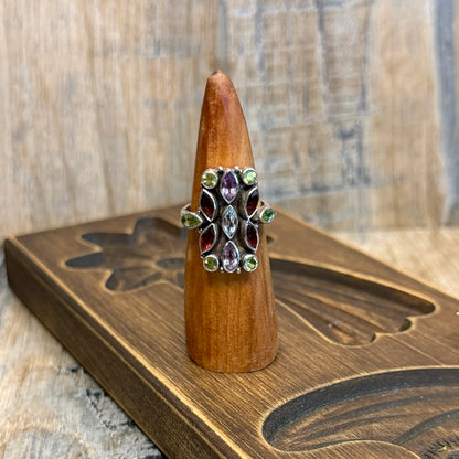 Beautiful Sterling Silver Multi Gemstone Harlequin Ring size N